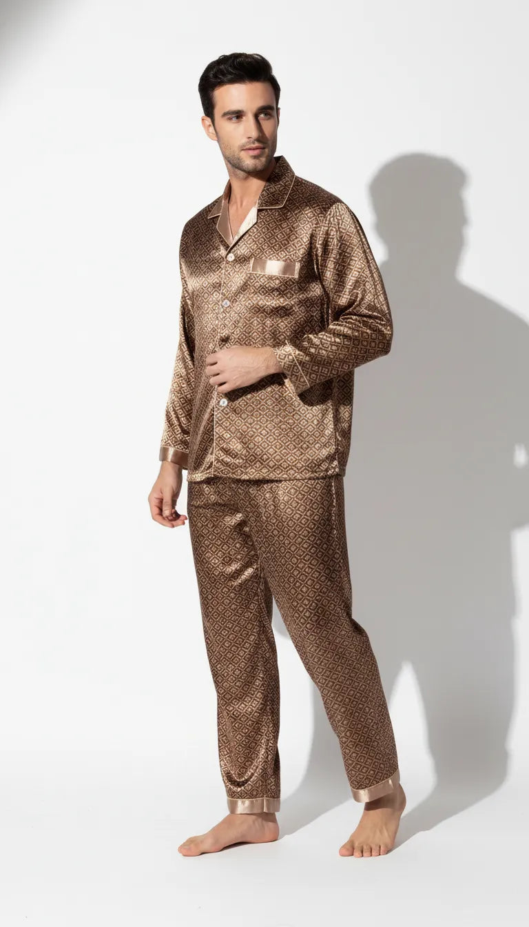 Pyjama Satin Marron Homme | Classique Élégant | Chemise Manches Longues & Pantalon | 2 Pièces - Vue de face