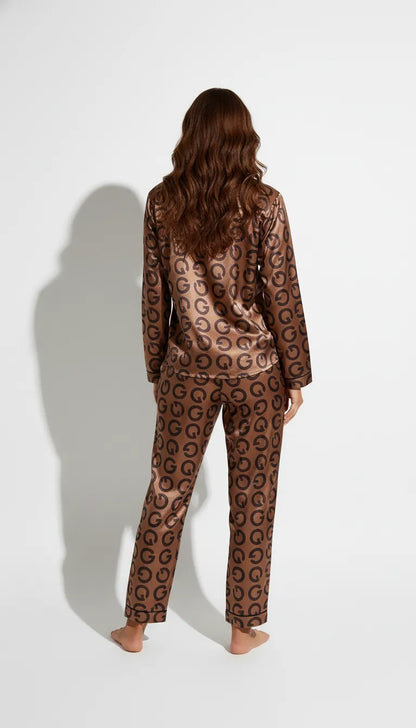 Pyjama Satin Marron Imprimé pour Femme | Chemise Boutonnée Manches Longues & Pantalon | Ensemble 2 Pièces - Vue de dos