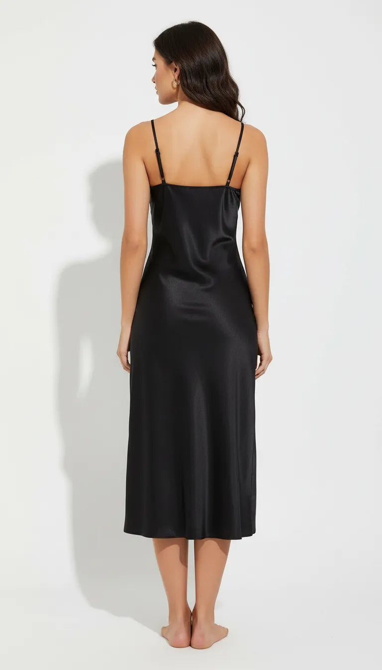 Pyjama Satin Noir Femme | Nuisette longue à fines bretelles | 1 Pièce - Vue de dos