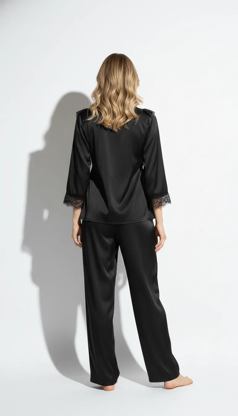 Pyjama Satin Noir Femme | Ensemble Soirée Romantique | Chemise Dentelle & Pantalon Fluide | 2 Pièces - Vue de dos