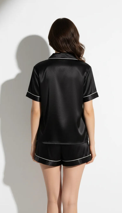 Pyjama Satin Noir Femme | Chemise à Manches Courtes & Short | Ensemble 2 Pièces - Vue de dos