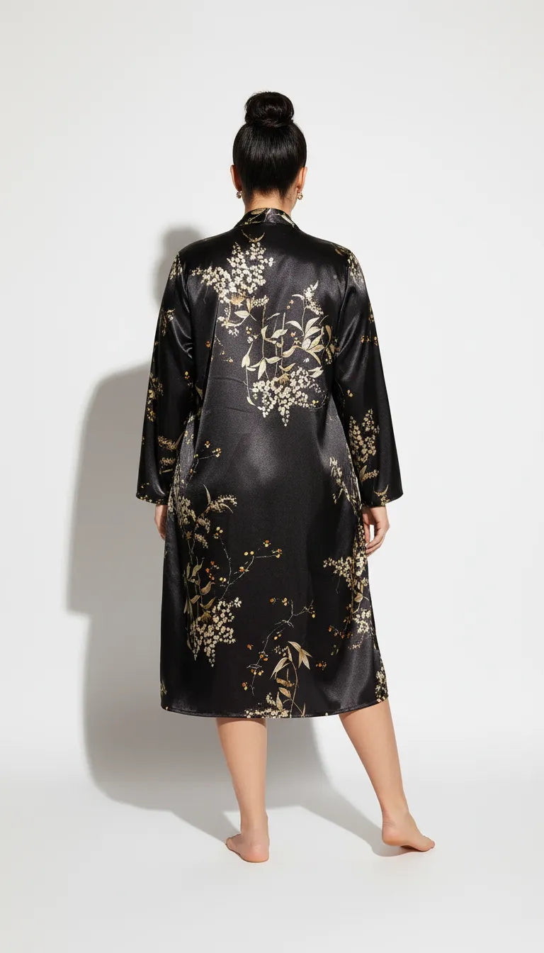Pyjama Satin Noir Femme | Nuisette fluide avec Kimono long fleuri | 2 Pièces - Vue de dos