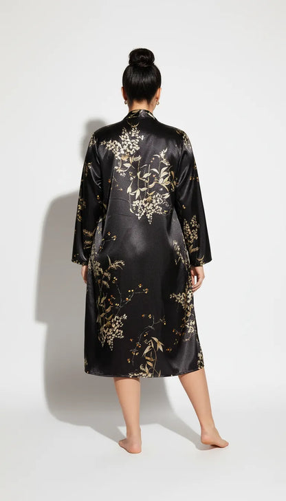 Pyjama Satin Noir Femme | Nuisette fluide avec Kimono long fleuri | 2 Pièces - Vue de dos