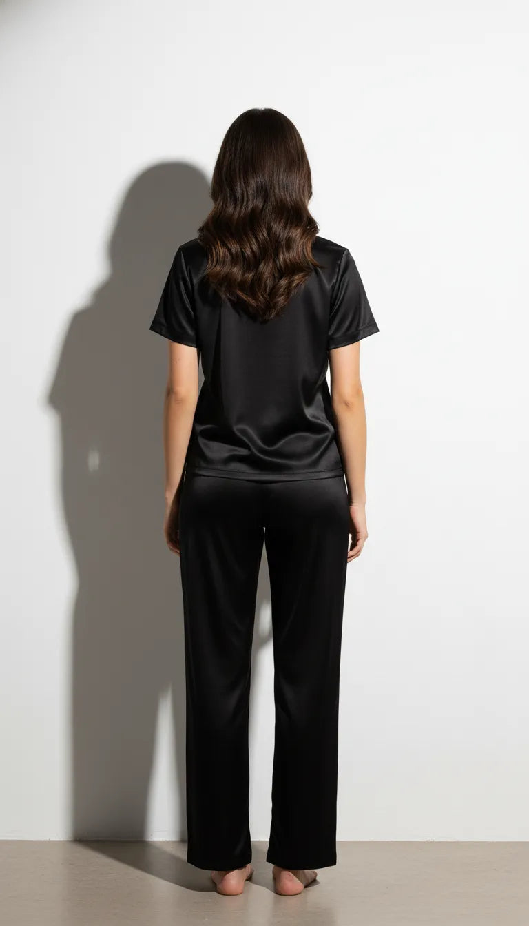 Pyjama Satin Noir Femme | Moderne Chic | T-shirt Manches Courtes & Pantalon | 2 Pièces - Vue de dos
