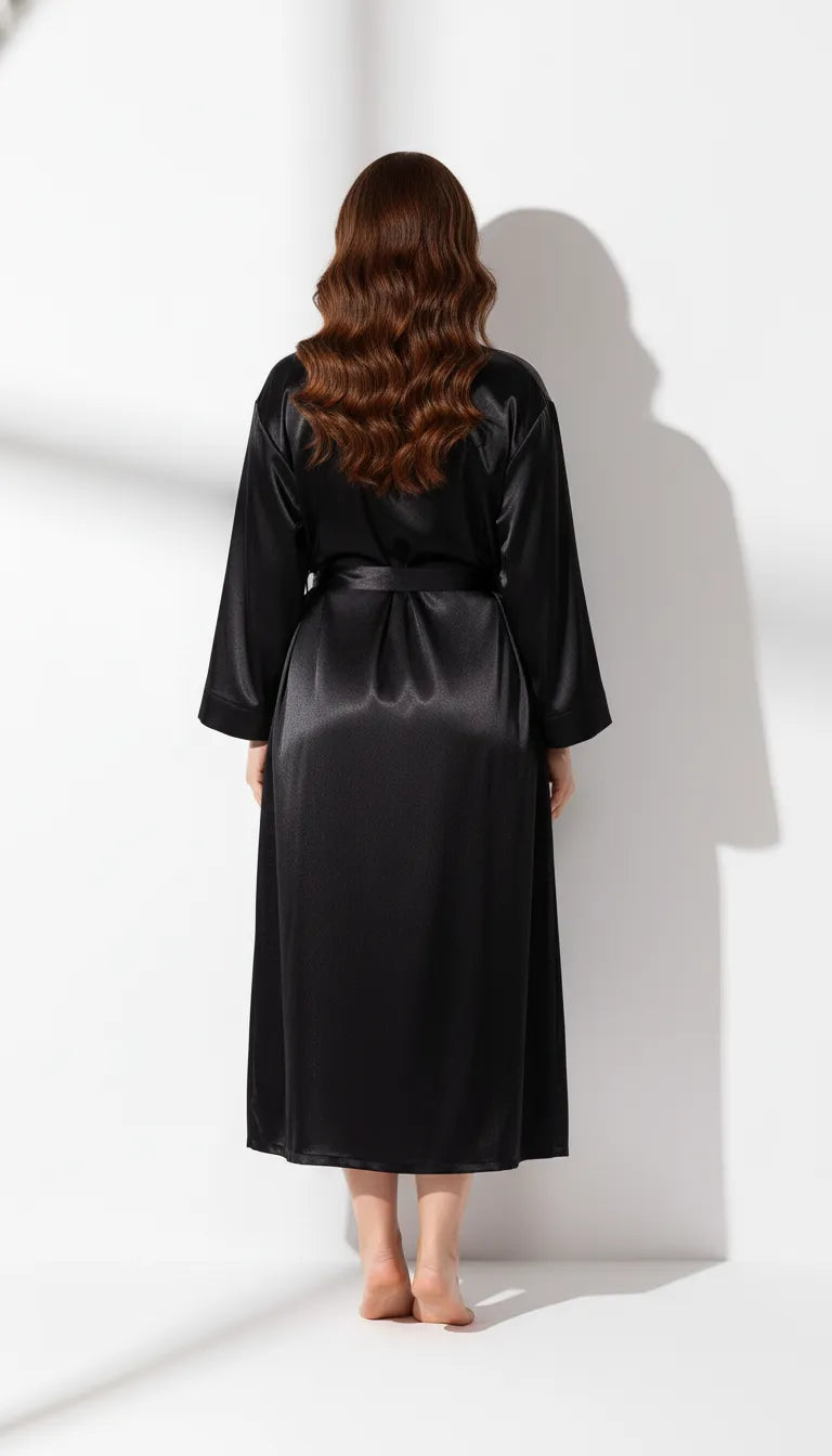 Pyjama Satin Noir Femme | Nuisette décolletée et Kimono long | Ensemble 2 Pièces - Vue de dos