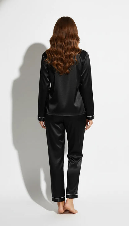 Pyjama Satin Noir Femme | Classique Élégant | Chemise Manches Longues et Pantalon | Ensemble 2 Pièces - Vue de dos