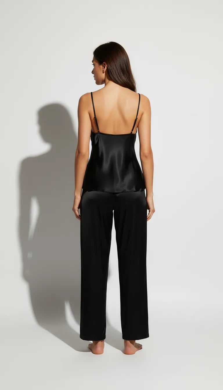 Pyjama Satin Noir Femme | Ensemble Débardeur et Pantalon Fluide | 2 Pièces - Vue de dos