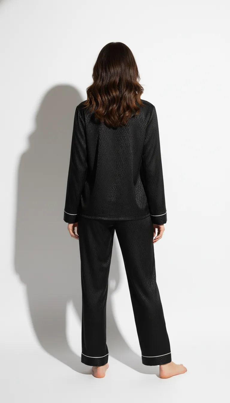 Pyjama Satin Noir Femme | Ensemble Chemise et Pantalon à Manches Longues 2 Pièces - Vue de dos