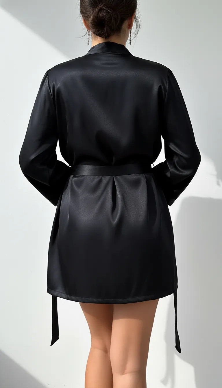 Pyjama Satin Noir Femme | Nuisette Décolletée et Kimono Fluide | 2 Pièces - Vue de dos