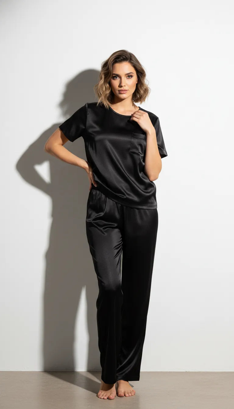 Pyjama Satin Noir Femme | Moderne Chic | T-shirt Manches Courtes & Pantalon | 2 Pièces - Vue de face