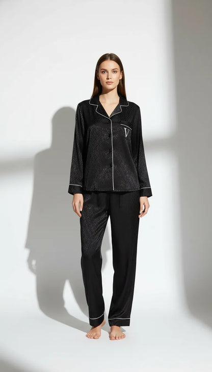 Pyjama Satin Noir Femme | Ensemble Chemise et Pantalon à Manches Longues 2 Pièces - Vue de face