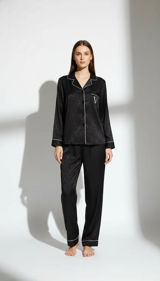 Pyjama Satin Noir Femme | Ensemble Chemise et Pantalon à Manches Longues 2 Pièces - Vue de face