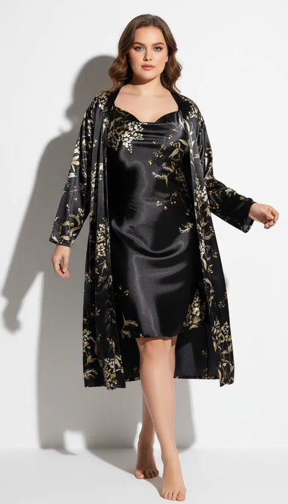 Pyjama Satin Noir Femme | Nuisette fluide avec Kimono long fleuri | 2 Pièces - Vue de face