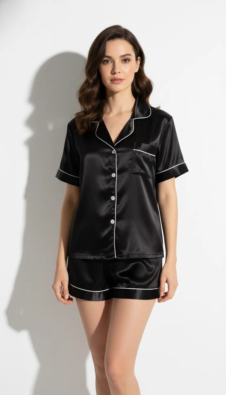 Pyjama Satin Noir Femme | Chemise à Manches Courtes & Short | Ensemble 2 Pièces - Vue de face