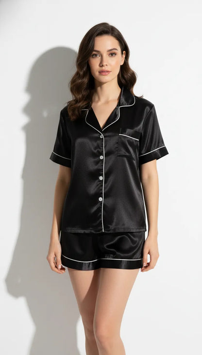Pyjama Satin Noir Femme | Chemise à Manches Courtes & Short | Ensemble 2 Pièces - Vue de face