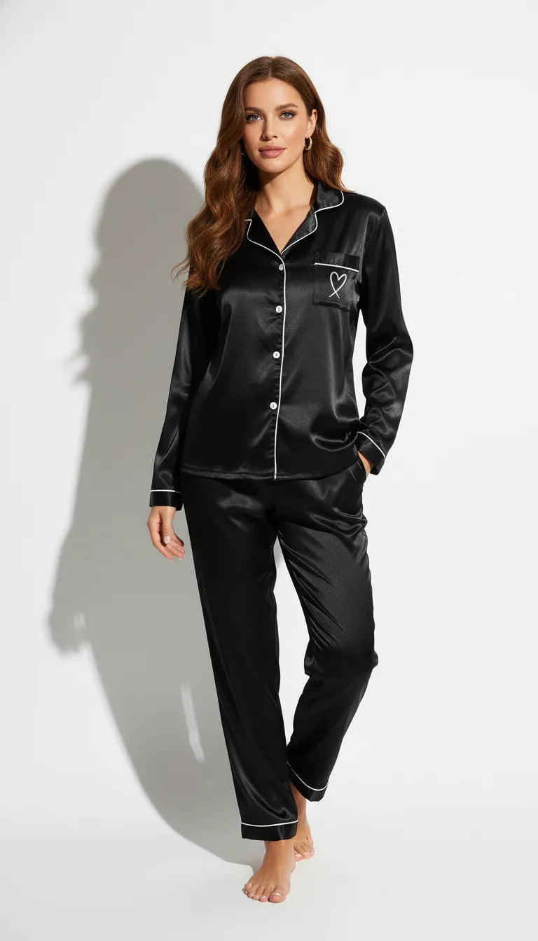 Pyjama Satin Noir Femme | Classique Élégant | Chemise Manches Longues et Pantalon | Ensemble 2 Pièces - Vue de face