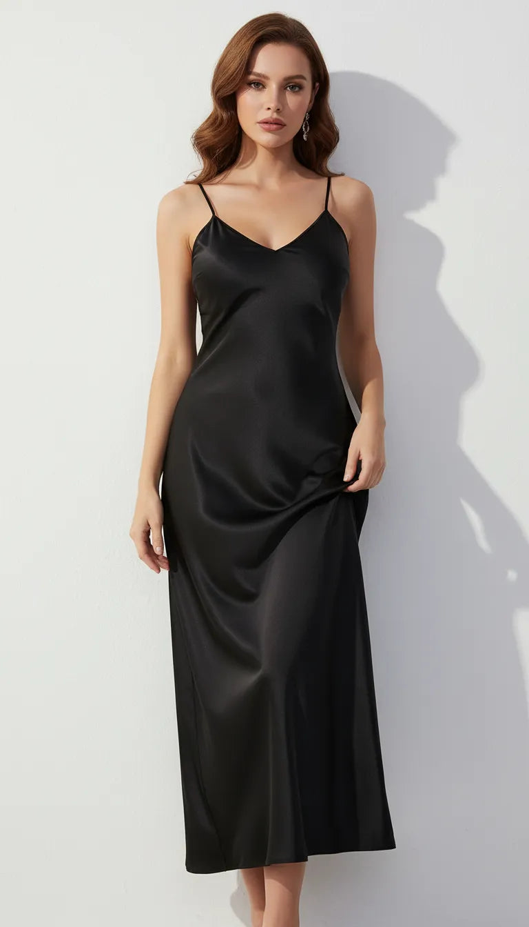 Pyjama Satin Noir Femme | Nuisette longue à fines bretelles | 1 Pièce - Vue de face