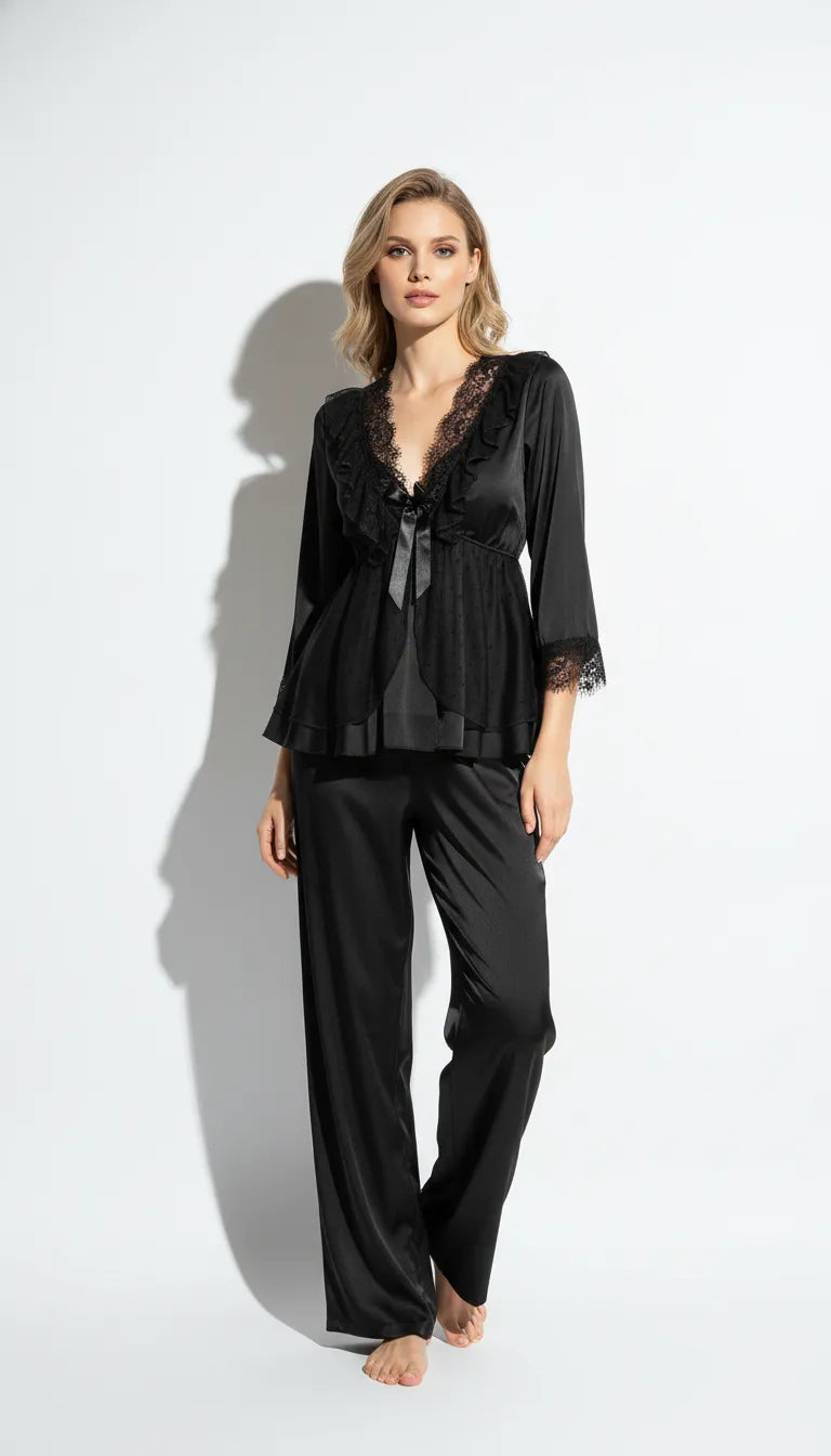 Pyjama Satin Noir Femme | Ensemble Soirée Romantique | Chemise Dentelle & Pantalon Fluide | 2 Pièces - Vue de face
