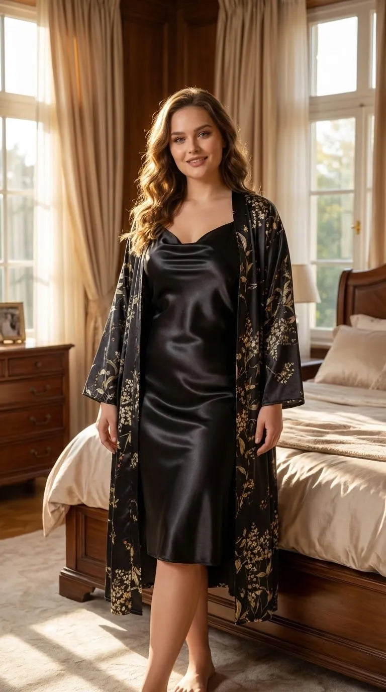 Pyjama Satin Noir Femme | Nuisette fluide avec Kimono long fleuri | 2 Pièces - Mise en situation portée