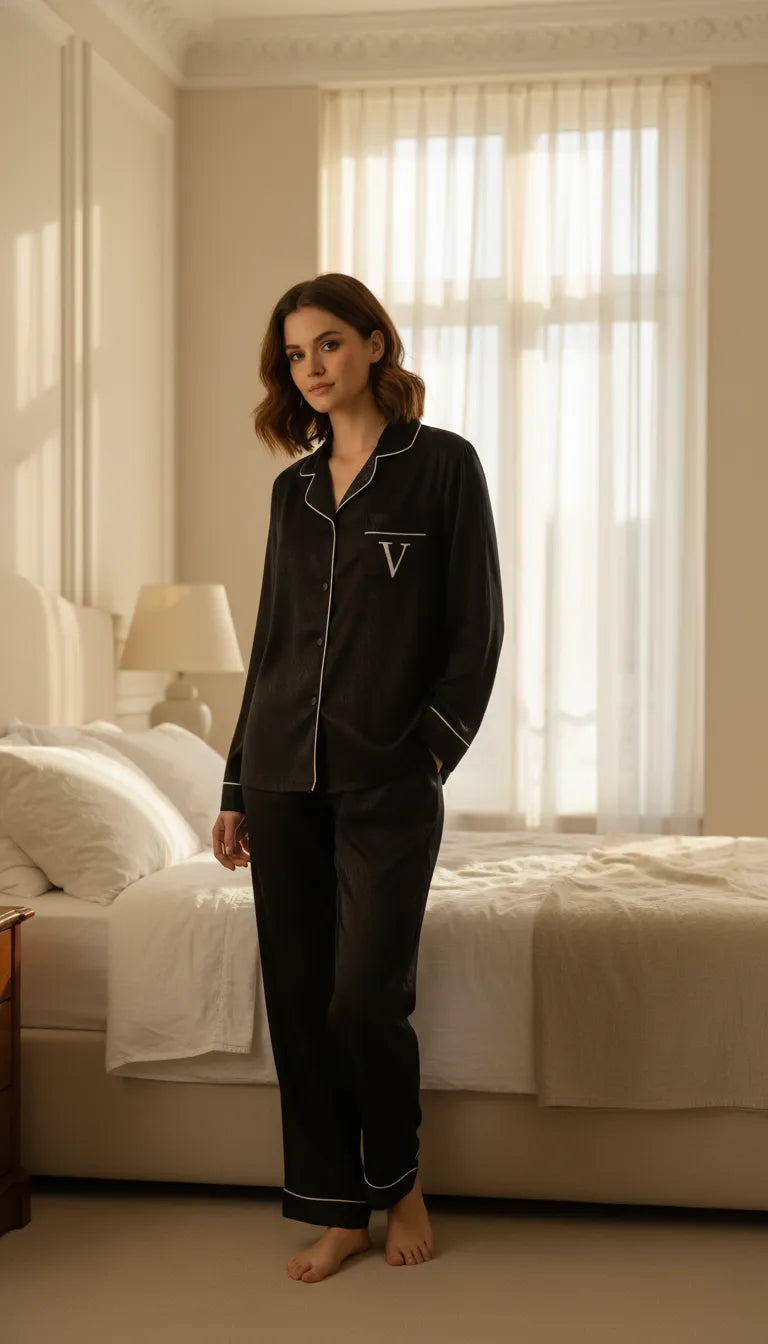 Pyjama Satin Noir Femme | Ensemble Chemise et Pantalon à Manches Longues 2 Pièces - Mise en situation portée