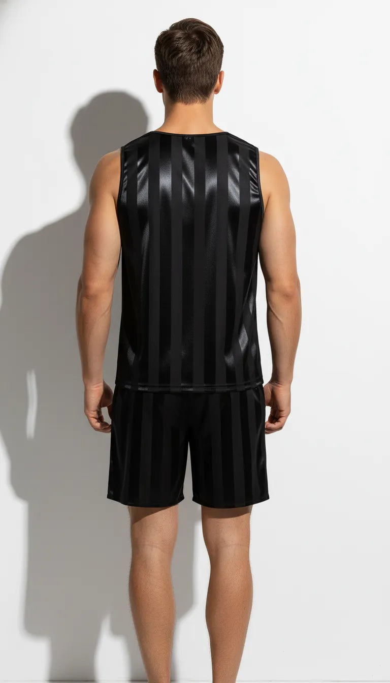 Pyjama Satin Noir Homme | Sporty Chic | Débardeur et Short | 2 Pièces - Vue de dos