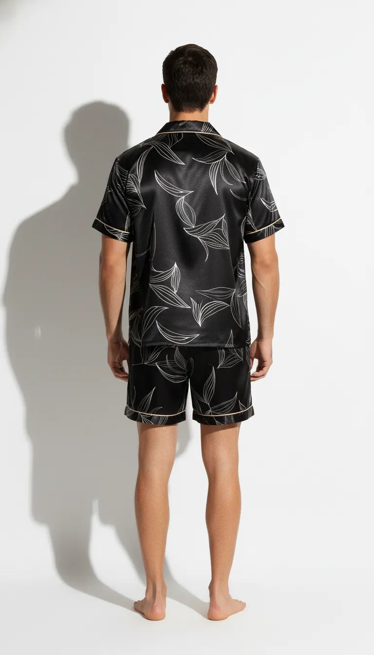 Pyjama Satin Noir Homme | Motif Feuilles | Short et Chemise Manches Courtes | 2 pièces - Vue de dos