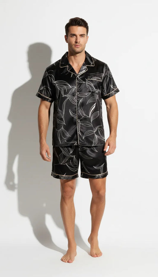 Pyjama Satin Noir Homme | Motif Feuilles | Short et Chemise Manches Courtes | 2 pièces - Vue de face