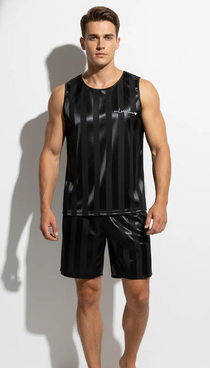 Pyjama Satin Noir Homme | Sporty Chic | Débardeur et Short | 2 Pièces - Vue de face