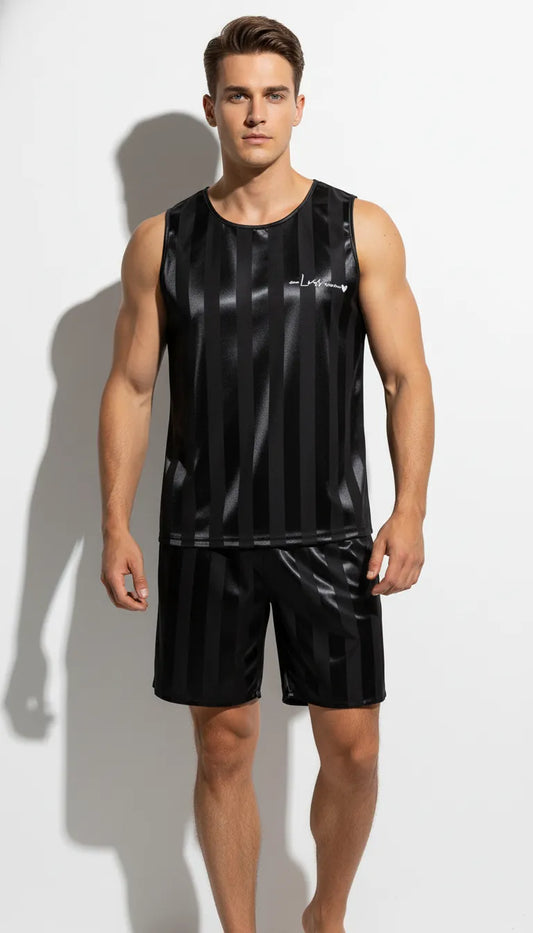 Pyjama Satin Noir Homme | Sporty Chic | Débardeur et Short | 2 Pièces - Vue de face