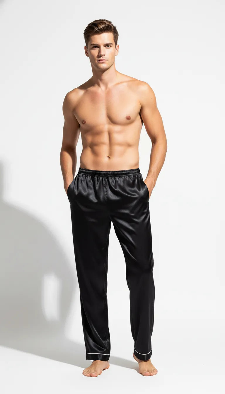Pyjama Satin Noir Homme | Pantalon et Haut Manches Longues | 2 Pièces - Vue de face