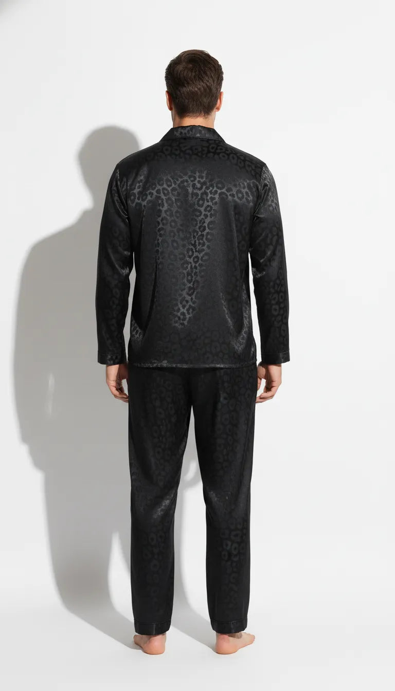 Pyjama Satin Noir Léopard pour Homme | Moderne et Chic | Chemise Manches Longues et Pantalon | 2 Pièces - Vue de dos