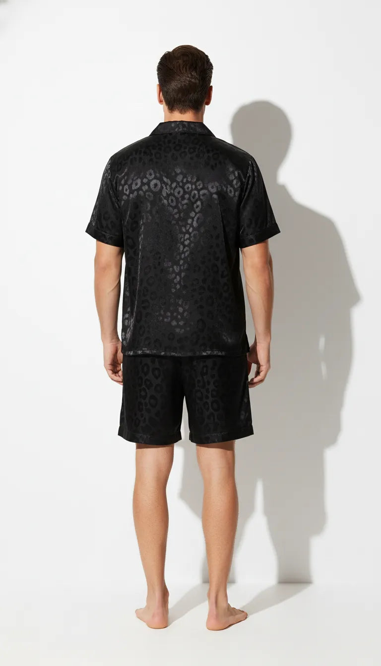Pyjama Satin Noir Motif Léopard pour Homme | Chic & Confortable | Chemise Manches Courtes & Short | 2 Pièces - Vue de dos