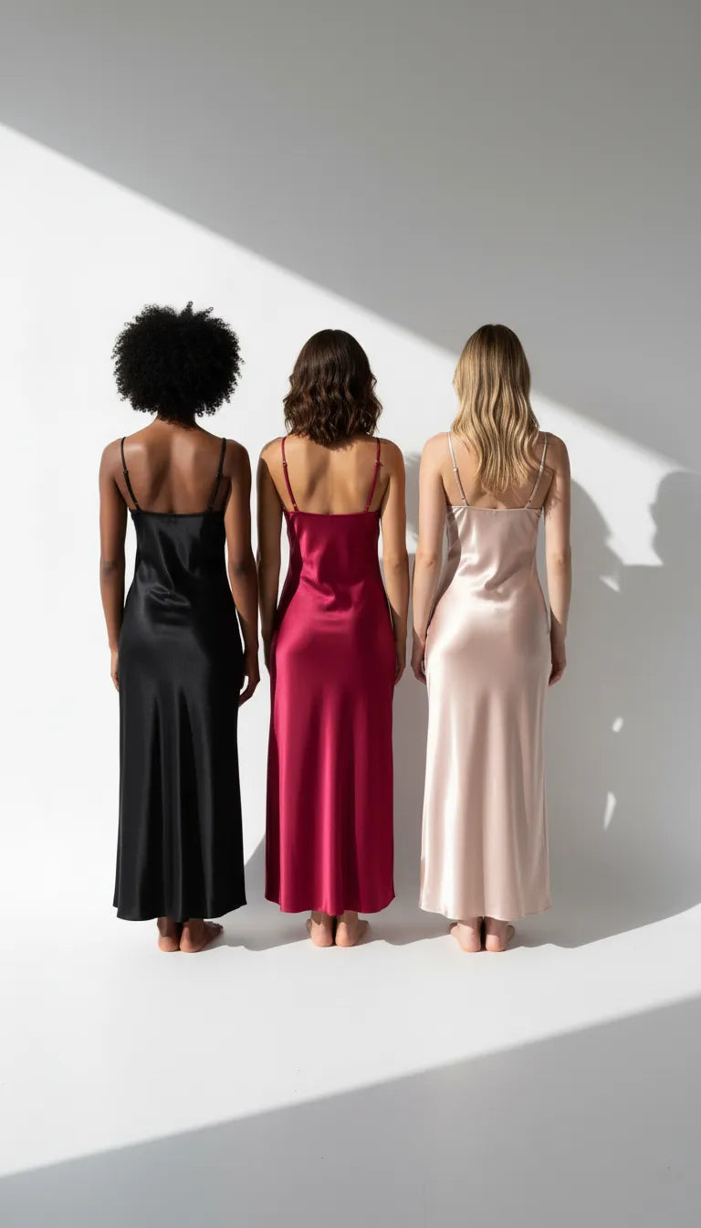 Pyjama Satin Noir-Rouge-Rose pour Femme | Nuisette Drapée fendue | Pack 3 Pièces - Vue de dos