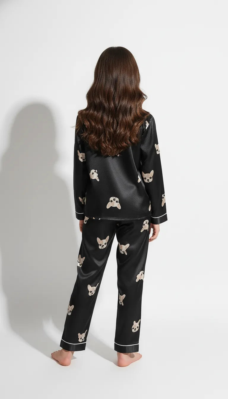 Pyjama Satin Noir Tendance | Chemise & Pantalon Fille | Motif Bouledogue Français | Manches longues | 2 Pièces - Vue de dos