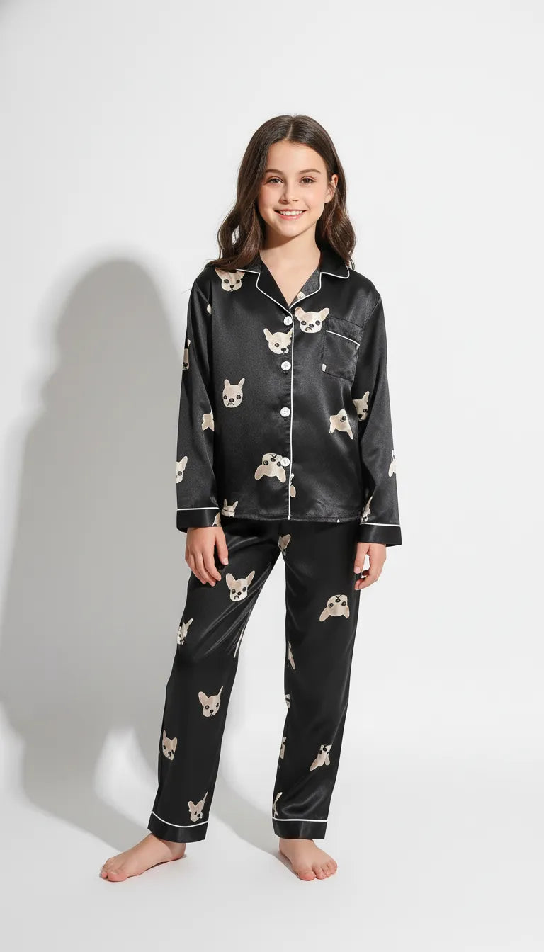 Pyjama Satin Noir Tendance | Chemise & Pantalon Fille | Motif Bouledogue Français | Manches longues | 2 Pièces - Vue de face