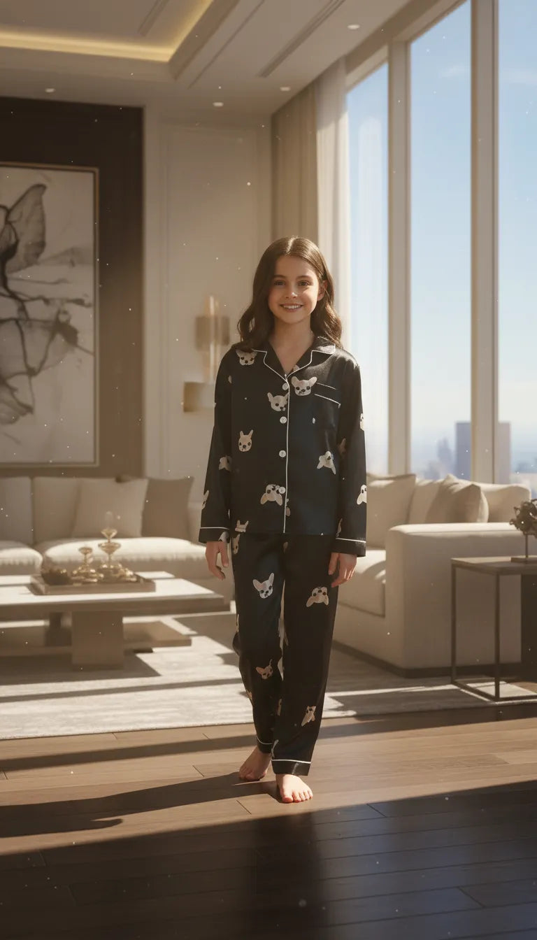 Pyjama Satin Noir Tendance | Chemise & Pantalon Fille | Motif Bouledogue Français | Manches longues | 2 Pièces - Mise en situation portée