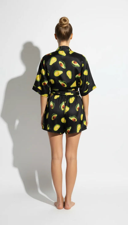 Pyjama Satin Noir & Avocats pour Femme | Ensemble Short & Kimono Court | 3 Pièces - Vue de dos