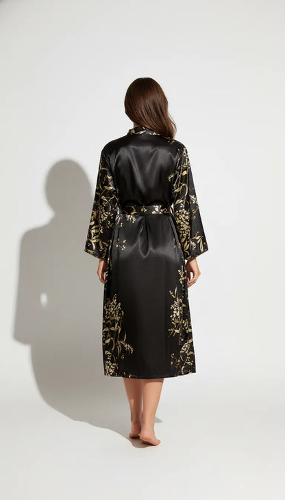 Pyjama Satin Noir & Doré pour Femme | Kimono Long à Motifs Floraux & Nuisette | Ensemble 2 Pièces - Vue de dos