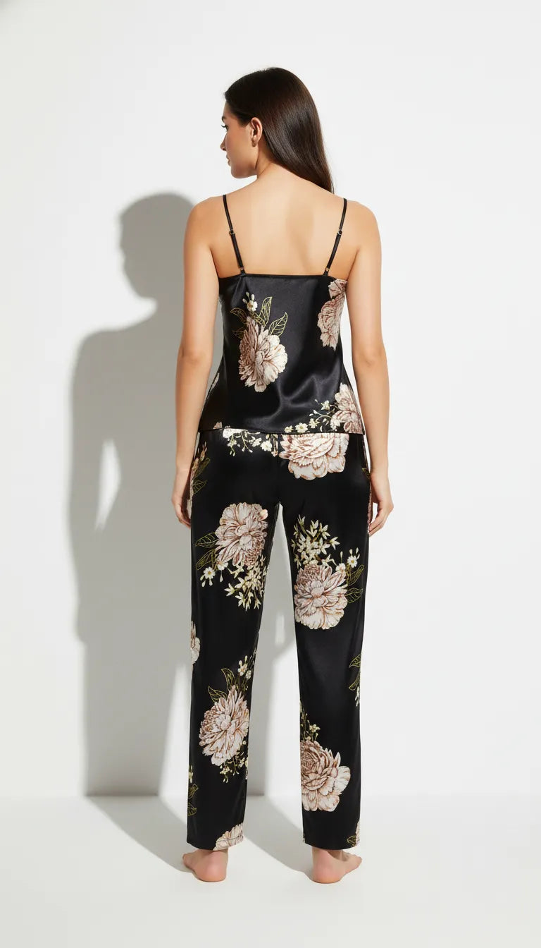 Pyjama Satin Noir & Doré pour Femme | Nuisette Décolletée & Pantalon Fleuri | Ensemble 2 Pièces - Vue de dos