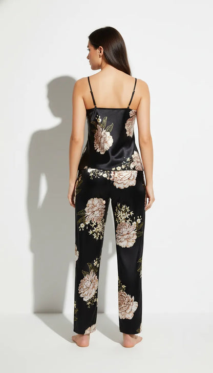 Pyjama Satin Noir & Doré pour Femme | Nuisette Décolletée & Pantalon Fleuri | Ensemble 2 Pièces - Vue de dos