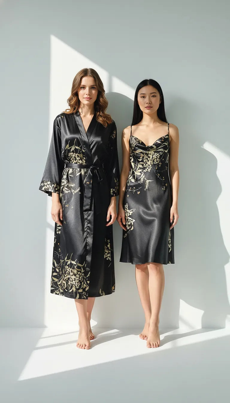 Pyjama Satin Noir & Doré pour Femme | Kimono Long & Nuisette avec Short | Ensemble 4 Pièces - Vue de face