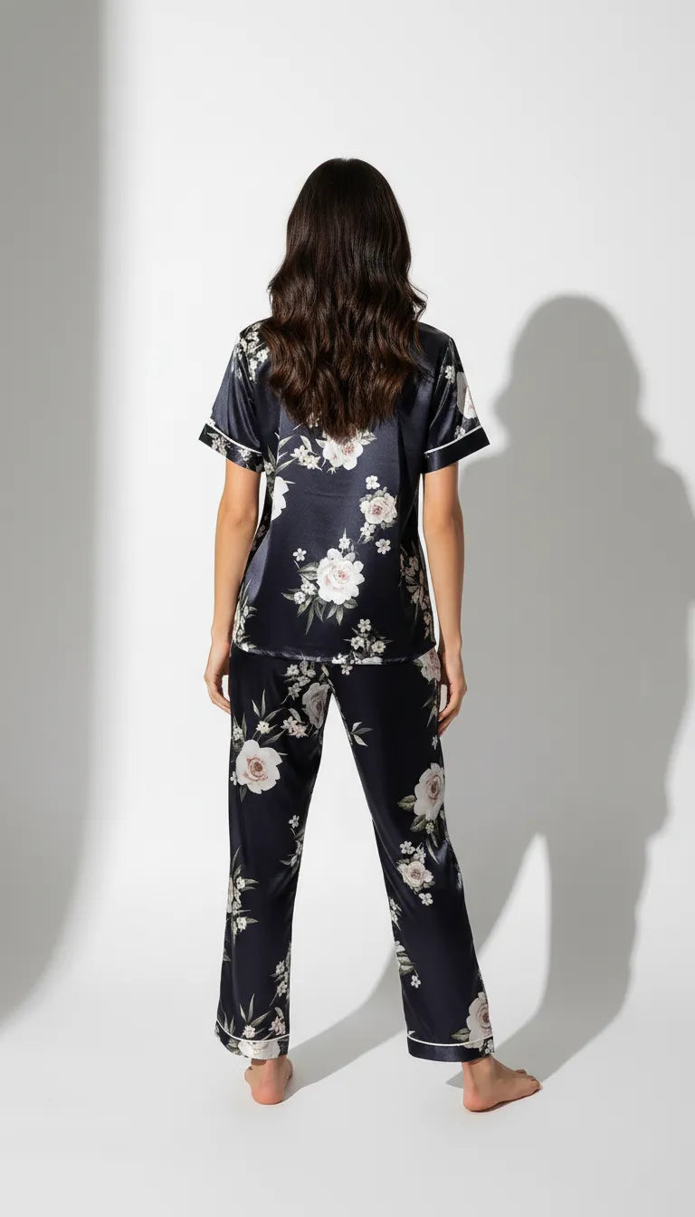 Pyjama Satin Noir & Fleurs Blanches Femme | Élégance Florale | Chemise Manches Courtes & Pantalon | 2 Pièces - Vue de dos