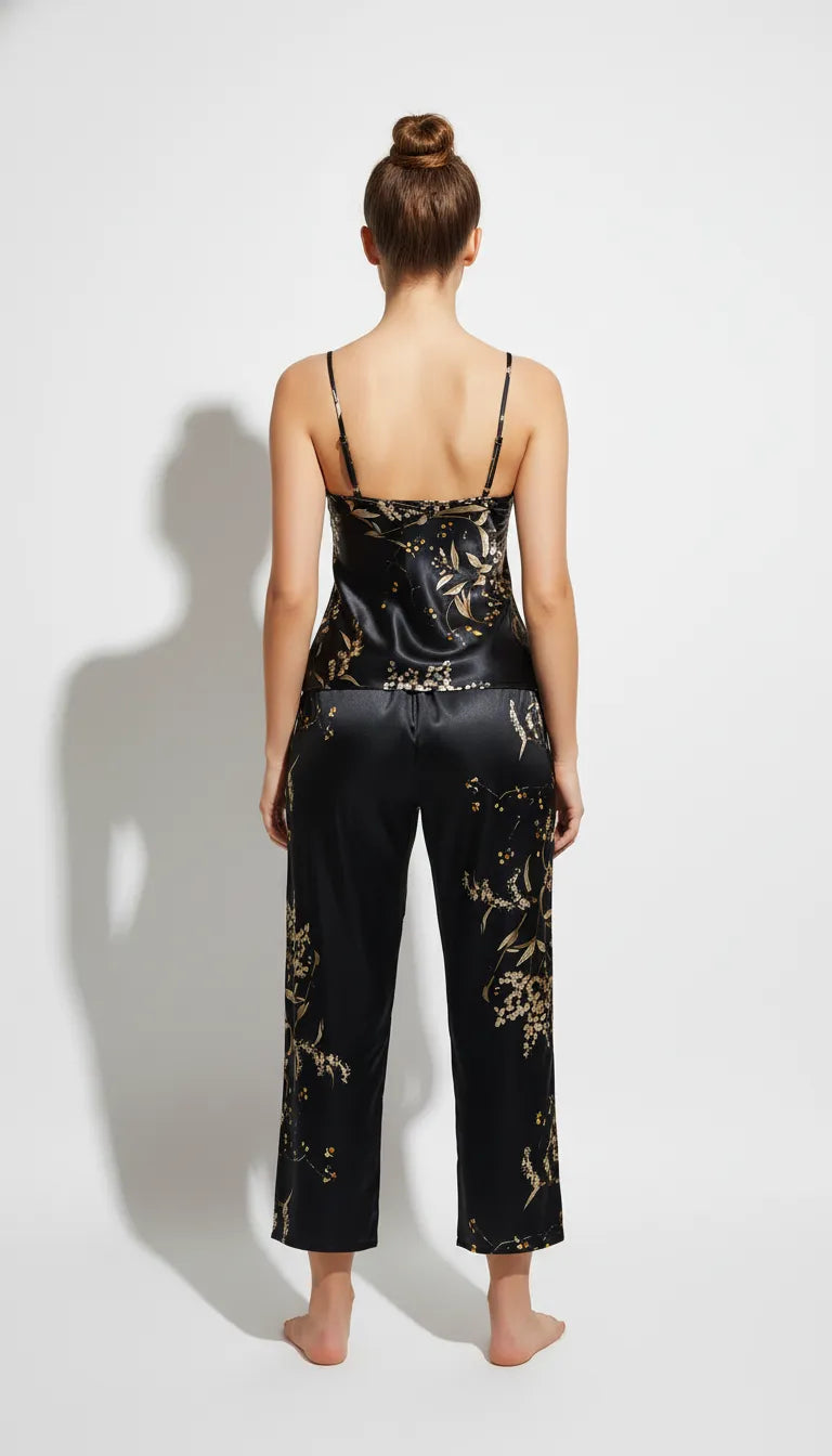 Pyjama Satin Noir & Or pour Femme | Ensemble Débardeur et Pantalon Imprimé Floral | 2 Pièces - Vue de dos