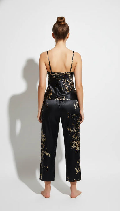 Pyjama Satin Noir & Or pour Femme | Ensemble Débardeur et Pantalon Imprimé Floral | 2 Pièces - Vue de dos