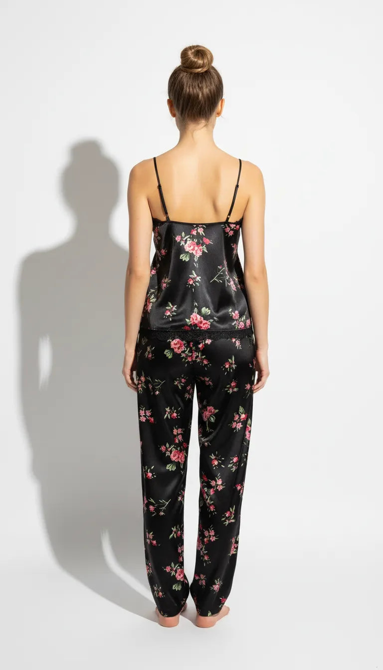 Pyjama Satin Noir & Rose pour Femme | Romantique Dentelle & Fleurs | Débardeur & Pantalon | Ensemble 2 Pièces - Vue de dos