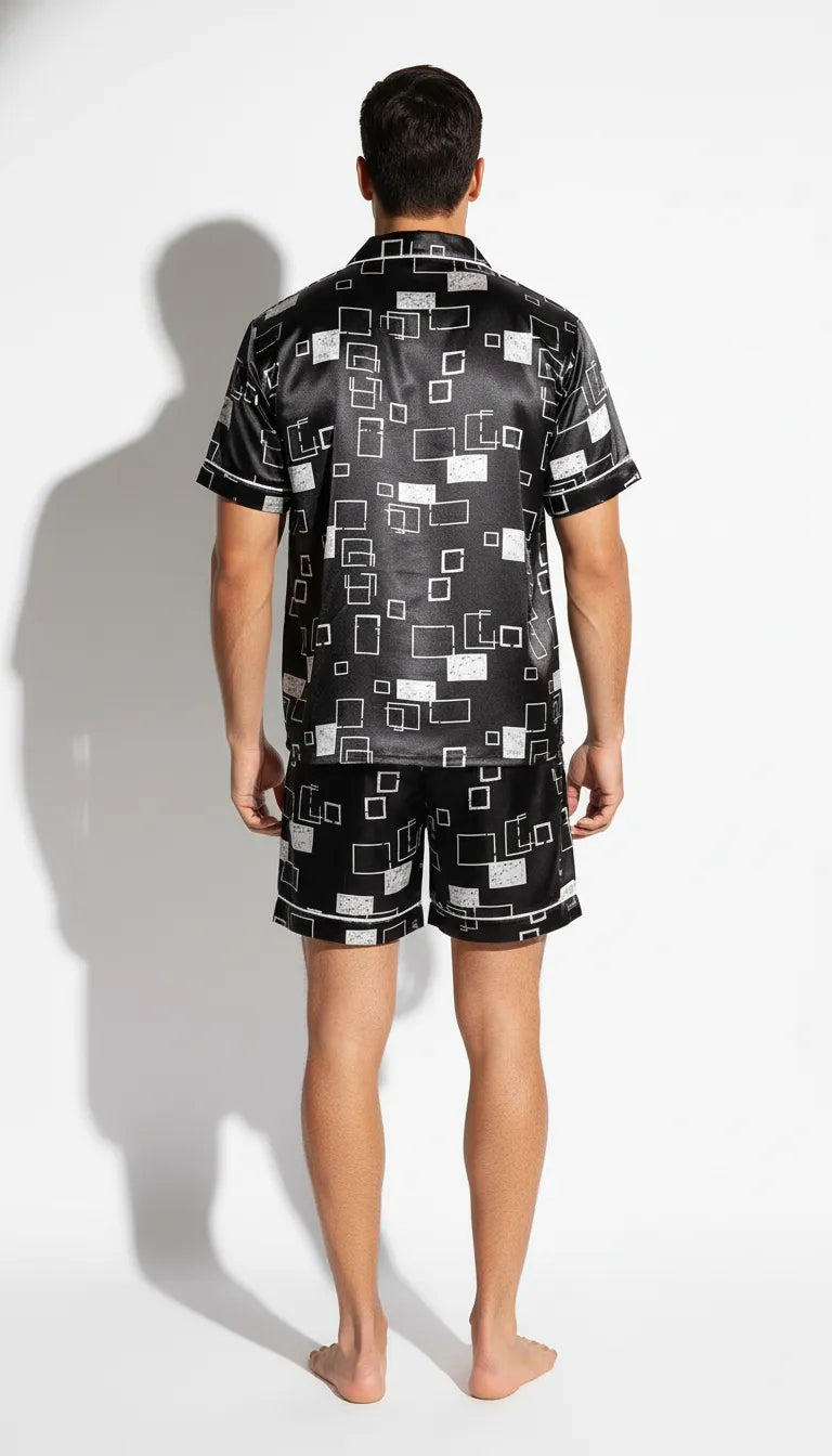Pyjama Satin Noir et Blanc pour Homme | Moderne et Chic | Chemise Manches Courtes & Short | 2 Pièces - Vue de dos