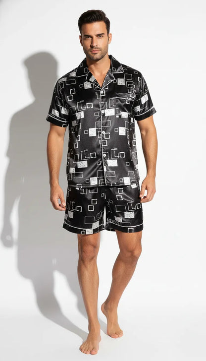 Pyjama Satin Noir et Blanc pour Homme | Moderne et Chic | Chemise Manches Courtes & Short | 2 Pièces - Vue de face