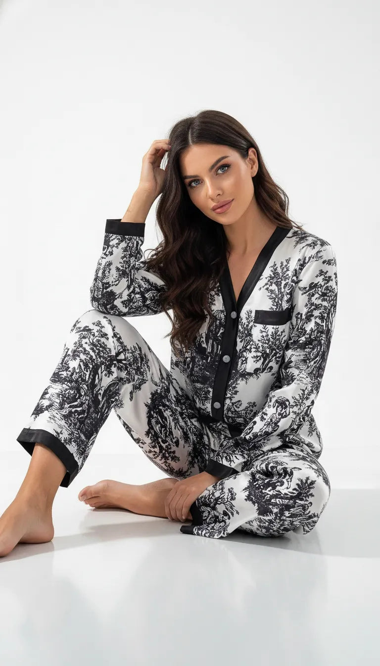Pyjama Satin Noir et Blanc Femme | Imprimé Toile de Jouy | Ensemble 2 Pièces (Pantalon et Chemise)| Manches Longues | Élégance Intemporelle. - Vue de face