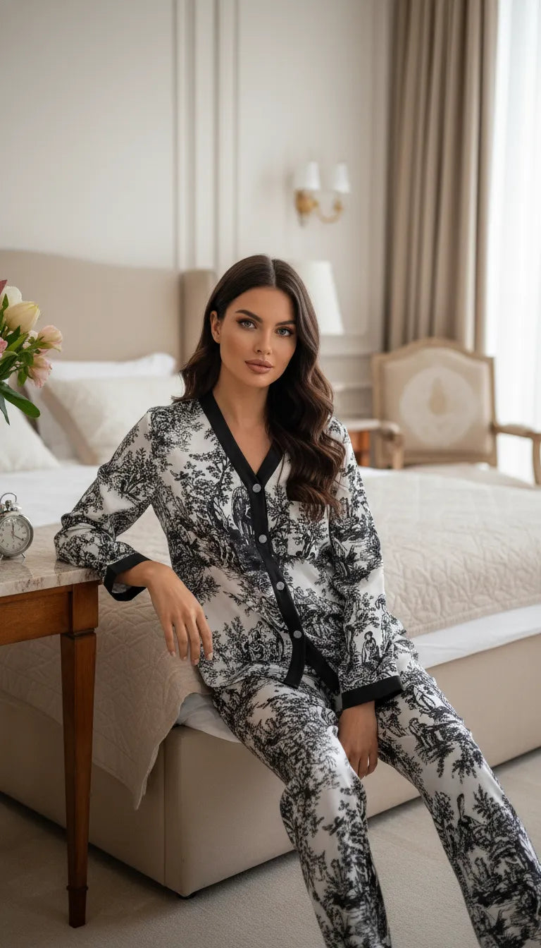 Pyjama Satin Noir et Blanc Femme | Imprimé Toile de Jouy | Ensemble 2 Pièces (Pantalon et Chemise)| Manches Longues | Élégance Intemporelle. - Mise en situation portée