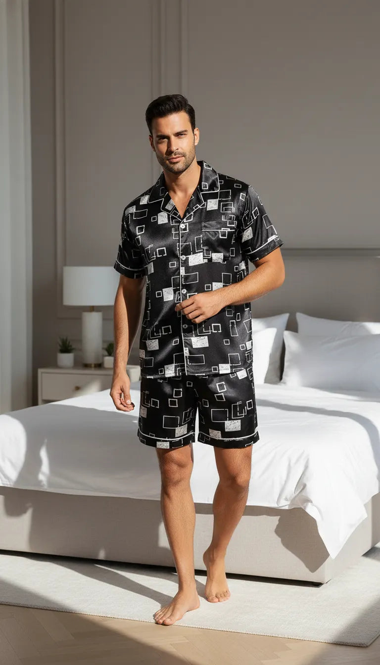 Pyjama Satin Noir et Blanc pour Homme | Moderne et Chic | Chemise Manches Courtes & Short | 2 Pièces - Mise en situation portée